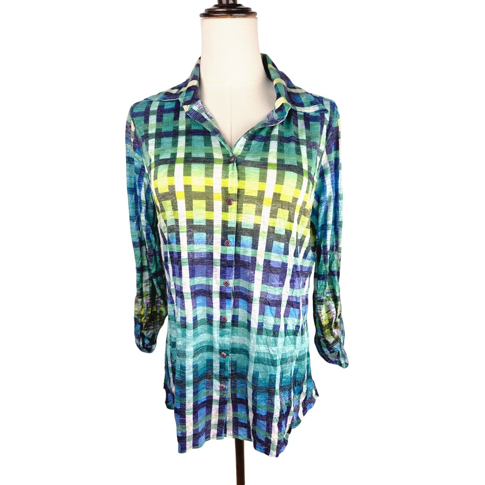 David Cline Snap Up Shirt S Blue Green Puzzle Plaid Roll Tab Sleeve